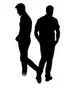 Placeholder: black silhouette of two men, one tall and muscular, the other shorter and thin, walking away from the camera on solid white background