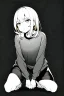 Placeholder: little blonde girl crouched down., grayscale