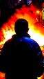 Placeholder: Man in a black bomber jacket, back to the camera, looking down a street, watching an explosion of fire and lights in front of him.