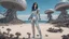 Placeholder: Wide angle shot of a woman with dark hair in a silver robotic catsuit, standing on a beach, flying mushrooms with octopus tentacles floating above her