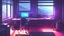 Placeholder: Dimly lit gaming room, with a messy bed and a single desk with a gaming PC, two monitors on the desk, gaming chair, bed is in the background under a window, the room is filled with neonlights, night time, atmospheric, detailed.