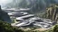 Placeholder: Many spaceliners docked at a huge busy spaceport, with gantries and walkways, setting into the side of a huge cliff, trees, vines and plants, Star Wars, Star Trek