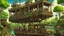 Placeholder: steampunk gipsy caravan crossed with a boat flying high over a jungle with platforms, verandas, and people, intricate