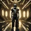 Placeholder: star wars bald male corellian pilot wearing gunmetal grey and black first order armored TIE pilot flightsuit and helmet with gold trim inside the jedi temple, centered head and shoulders portrait, hyperdetailed, dynamic lighting, hyperdetailed background, 8k resolution, volumetric lighting, light skin, fully symmetric details