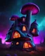Placeholder: An asymmetrical mushroom house in the night sky. in space. Bright Bold Bright Colors, teal purple black, Stark Dark background. Detailed Matte Painting, deep color, fantastical, intricate detail, splash screen, hyperdetailed, insane depth, Fantasy concept art, 8k resolution, trending on artstation, Unreal Engine 5, color depth, Deep Colors, backlit, splash art, dramatic, splash art Style. High Quality, Painterly, Whimsical, Fun, Imaginative, Bubbly, good detail, perfect composition,