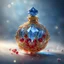 Placeholder: Golden round perfume bottle with a blue crystal cap and small red decorations. Illustrative art, art interpretation, concept art, cgsociety contest winner, seasonal art, seasonal art HD, 4k, 8k, intricate, detailed, intricately detailed, luminous, translucent fantasy crystal, holographic data, soft body, shadow play, light, fog, atmospheric, cinematic, light film, hyper-detailed, hyper-realistic, masterpiece, atmospheric, high resolution, 8k, HDR, 500px, mysterious and artistic digital art, phot