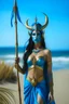 Placeholder: A picture of a beautiful "blue" faced indian goddess with skin painted blue, "blue painted body", "blue painted torso", wild black hair, stag antlers, elven ears, golden skirt, holding a staff on a sunny beach