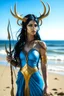 Placeholder: A picture of a blue Indian goddess with painted blue skin, wild black hair, deer antlers, elven ears, golden skirt, holding a bow on a sunny beach