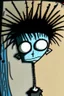 Placeholder: 2d drawing of a stickman, cool with punk hair, x eyes like in hangman, standing, slightly bended over and looking back into the camera, close-up ,3d realistic in colour