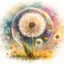 Placeholder: Create a watercolor and chalks painting, whimsical painterly fantasy art, a single large dandelion plant including appropriate leaves at the base of the stem, the head of the dandelion surrounded by a transparent bubble, the dandelion has gone to seed, paint splatter overlay, intuitive pastel colors, soft yellow meadow sprinkled with dandelions and small transparent bubbles in background, add reflections to the bubbles, watercolor and chalk style.