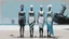 Placeholder: ((three)) determined cyberpunk women (wearing white khiton) standing in front of a boat wreck on a radioactive beach, acrylic painting, minimal art, centered, wild sparse brushstrokes, amazing verticals, great parallels, low bleak colors of gray, blue and black, excellent negative space contrasts
