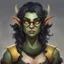 Placeholder: dnd, portrait of cute orc-elf hybrid femboy, black hair, curled hair, hair covering one eye, round glasses, tusks, yellow eyes, flat chest