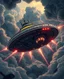 Placeholder: A ufo starship hovering , in the style of intricate illustrations, mechanical details, dramatic lighting, dark clouds, and turbulent winds, 16K resolution