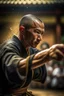 Placeholder: student hitting kung fu master in the jaw so sweat splashes the temple,shot on Hasselblad h6d-400c, zeiss prime lens, bokeh like f/0.8, tilt-shift lens 8k, high detail, smooth render, down-light, unreal engine, prize winning