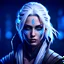 Placeholder: young mysterious female jedi with white hair, intense eyes, wild blue facepaint, unreal engine style