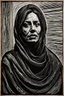 Placeholder: create an abstract, deeply powerful tragic and evocative, full body woodcut of a raw and weathered Palestinian female with highly detailed and deeply cut facial features, lost in a horrific post apocalyptic Gaza, in the style of KATHE KOLLWITZ , searing lines and forceful strokes