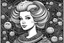 Placeholder: excessively back combed & shellacked big blonde beehive bouffant with braid across crown. miss piggy as barbie as daughter of Aquarius. black & white. contemporary depiction. monastic artistic tradition of high contrast line drawings on acid etched metal plates/printmaking