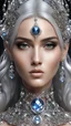 Placeholder: AI 3d photo realistic portrait of young woman, beautiful, shiny hard eyes, make up, Fantasy style, shiny baubles, ornate, large gemstones, shiny molten metalics, shiny wire filigree, silver hair, high definition, high res, octane render, 64k, 3d