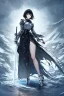 Placeholder: Anime girl with short black hair and sharp green eyes, holding a pike, full body black and white metal plate armour, full body shot, Dramatic lighting,1woman, soaked in blood, Warrior, standing pose, sword at the waist, close shot, lean body,