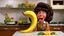 Placeholder: [1960’s stop-motion animation style in kitchen: she takes the banana in her mouth] a 70s banana advertisement video TV featuring the hungry jungle woman. she brings a big banana to eat in her mouth to satisfy her appetite, she is happy as a claymation character toy from a claymation horror movie in burning rainbow land, from hell, creepy Videos, eyeballs and jungle fruits everywhere , as old advertisement shot on video VHS