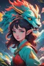 Placeholder: A dragon mixed with a mythical lion and a human female elf.Dramatic and powerful look and feel. Extensive attention to details. Bold lines. Vivid colors. 80s style retro anime art. Double exposure. cartoon style. cratoon style