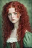 Placeholder: girl with green eyes, freckles, with long blood red curls, dressed in humble clothes from the 19th century