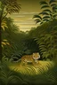 Placeholder: A nature guardian tiger in an olive rainforest painted by Henri Rousseau