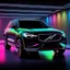 Placeholder: neon light super design futuristic Volvo SUV in the style of light black and multicolor neon flashy transluscent, luminous , machine aesthetics,