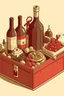 Placeholder: A cardboard box full of cake stuff in illustration style xmas, can of soup, Christmas food. bottle red wine,
