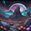 Placeholder: Colourful, scifi, night sky filled with galaxies and stars, rock formations, houses, flowers, one-line drawing, sharp focus, 8k, deep 3d field, intricate, ornate