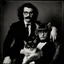 Placeholder: Awkward family portrait Photo with a man and a woman with ugly glasses, 30 years old sitting on chair, serious look, long 1960 hair and mustasch, polaroid camera photo, holding small cats