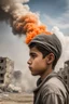 Placeholder: portrait in profile of a young palestinian boy with an orange conedison his head. Large clouds of smoke rise from the land of gaza . With demolished buildings in the background. Made in the palestinian style