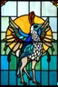 Placeholder: vitrail d'un geai bleu ailes déployées et d'un lama art déco d'après mucha