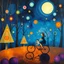 Placeholder: create a poetic dreamlike painting in the style of Marc Chagall, geometric family of father, mother, and baby riding a bicycle through a magical night forest, glowing triangular trees and colorful circles floating like stars, large luminous moon overhead, painterly textures with deep blues and purples, surreal and emotional atmosphere --ar 16:9 --v 7 --style 4b --q 2