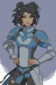 Placeholder: Drawing of Korra the Avatar as a female Moonelf twilight cleric with black, very curly, very short hair and blue eyes, wearing gray armour. Etheral, muscular.