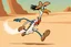 Placeholder: road runner running towards the right side, leaving behind a cloud of dust. style of looney toons cartoon