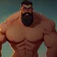 Placeholder: muscular shirtless man with big beard and big mustache and green eyes