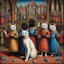 Placeholder: Siamese Cats in colorful costume performing on stage in a medieval opera, Hans Memling style, stylize 750, by yerka, by varo, encaustic