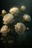 Placeholder: A bush of delicate tea roses of dark cream color, the plant is ultra-detailed, rain, beautiful landscape, fog, many details, delicate sensuality, realistic, high quality, 3d, hyperdetalization, filigree, hazy haze, hyperrealism, professional, transparent, delicate pastel tones, back illumination, contrast, fantastic, unreal, translucent, glowing, clear lines, epic fabulous, fabulous landscape, hyperrealism