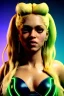 Placeholder: portrait, Shakira, blonde artist, Realistic image, latex style dress. loose long hair, eyes make up, perfect, glow, circle iris. Neon colors, leds, geometric shapes. Dark background, photo studio, neon lights. Cyberpunk, concept art, smooth, unreal engine 5, god lights, ray tracing, RTX, lumen lighting, ultra detail, volumetric lighting, 3d, finely drawn, high definition, 4k.