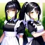 Placeholder: Clear focus, 8k, beautiful lighting, vibrant colors, girl, black hair, long hair, vibrant golden eyes, ponytail, same twins, black hair, golden eyes, same clothes, maid,