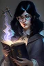 Placeholder: Stuning female wizard, black hair, glasses, holding spellbook and wand,bookworm, dnd, busty