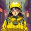 Placeholder: a feminine cyborg, yellow, post apocalyptic, fallout, dystopia, neon vintage anime
