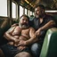 Placeholder: photography of two burly ugly chubby muscular sweat wet turkish farmers 46 years old man sitting embraced in the train, manly chest, hairy allover, relaxing, shirtless, big bulge, tattoo, broken teeth, tired, short beard, short curly hairs , view from below, photorealistic, side lights, Ground-Shot Angle