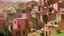 Placeholder: Oil painting of a village in Morocco, with buildings constructed from adobe, painted in a muted palette of pinks, browns, and greens. The buildings are multi-storied, with flat roofs and small windows, clustered together on a hillside. The brushstrokes are visible and textured, giving the painting a sense of depth and movement. In the foreground, there are figures dressed in traditional Moroccan clothing, adding a sense of scale and human presence to the scene. The overall impression is one of w