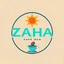 Placeholder: A circular logo with the name (ZAHA) designed for a cafe with the sun symbol and turquoise and indigo color and a coffee bean and a coffee cup at the bottom of the logo and a blue and black circle around the work