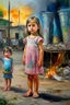 Placeholder: an expressive painting of a 3 years old girl poor with Ruth clothes standing in line with out her children’s asking for food with a pan in her hand painting, a large space rocket base behind ready to be lunched in the background, we might see a companion with features of absolute strength and determination, blended with warmth and deep faith. Perhaps his face expresses wisdom and courage, with eyes radiating confidence and faith.