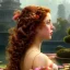 Placeholder: Hyperdetailed oil on canvas, young robyn lively sits by the ornate fountain, goldfish pond, lotus, detailed face, long red curly hair; by gaspar camps, maxfield parrish, alphonse mucha, cyril rolando, dan mumford; luminous colorful sparkles, glitter, airbrush, octane render, volumetric lighting, 16k