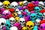 Placeholder: a field of 1000s of cartoonish, anatomically correct, skulls, vivid RANDOM BRIGHT neon colors, dark comedy, well lit, high detail, photorealistic, horrorcore, fun, scary, none featured, each a different color or hue,