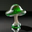 Placeholder: handmade glass art, a forest mushroom, the stem is made of clear transparent glass, small air bubbles and green glass stripes in the core of the stem, the shape is thick at the bottom and narrows at the top. The hat itself is made of purple clear glass where green fused glass is laid as a spiral from the middle outwards on top of the hat and is melted into the hat. The stem is set on a fused purple glass base with yellow glass stripes radiating from the center outwards. Placed in a window